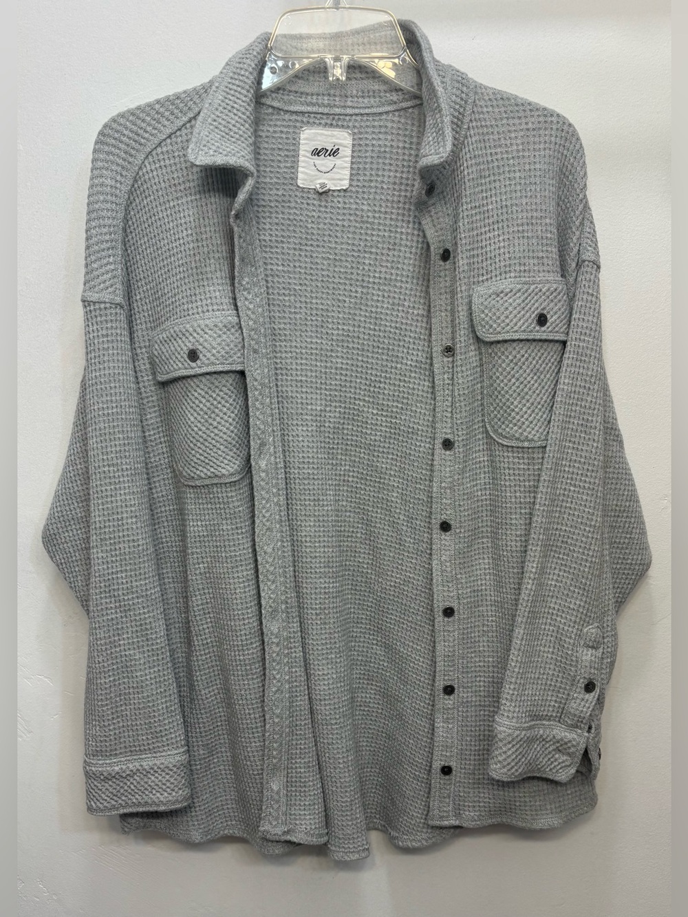 aerie Light Gray Oversized Waffle Knit Button-Up Cardigan Women’s Size Small
